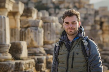 Portrait of a merry caucasian man in his 20s dressed in a water-resistant gilet isolated on backdrop of ancient ruins