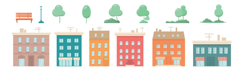 Set with houses exteriors front view with roof, doors and windows, tree. Townhouse building apartment, residential town buildings architecture. Vector illustrations isolated on white background.