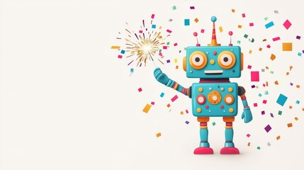 Naklejka premium Colorful robot celebrating with fireworks.