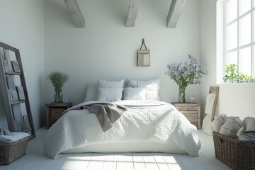  bedroom with a white bed, white walls, and a white dresser. The bed is covered with a white comforter and pillows. There are two vases on the dresser, one with flowers and the other empty