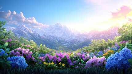 Fototapeta premium Vibrant spring flowers blooming in a lush garden, set against a majestic snow-capped mountain range under a bright, sunny sky.