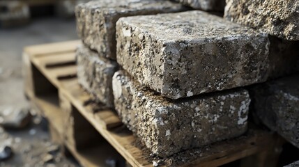 Construction materialscloseup of rough textured concrete blocks outdoor warehouse industrial photography natural light