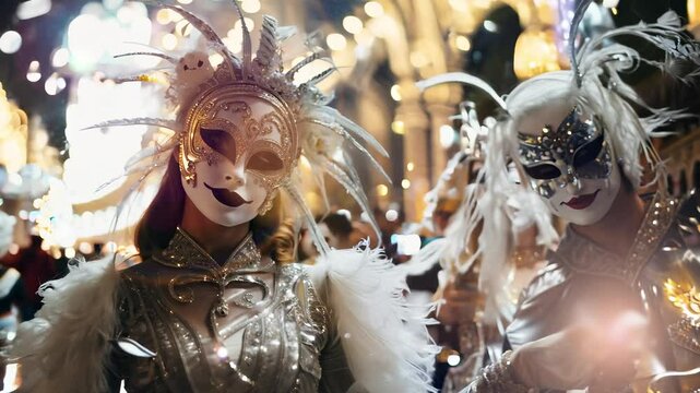 A Carnival parade in Venice during Carnival season, masked women is wearing traditional costume at sunset with raylight and artificial lights. Elegant costume in Carnival season with golden and jewels
