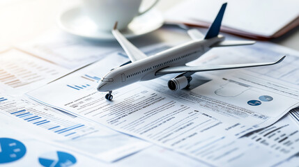 A small model airplane on top of medical documents. Travel planning and ensuring health and safety. Travel and health insurance concept

