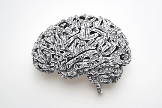 Intricate arrangement of words and phrases forms a human brain, showcasing creativity and the power of language with ample room for text. Generative AI