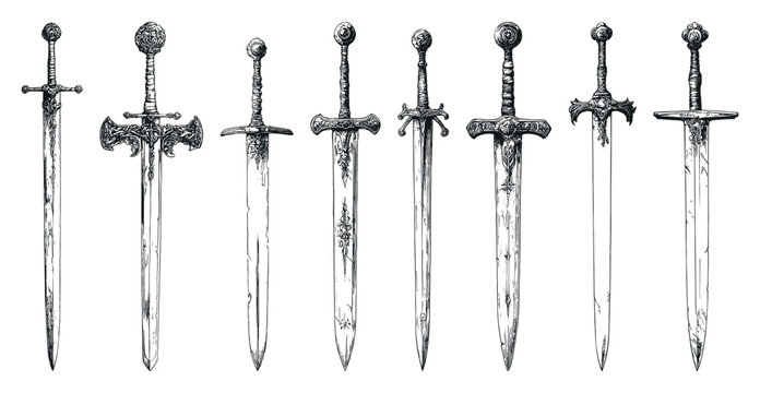 Knight Sword Set Ink Style Vector Illustrations Unique Artwork Creative Design Decorative Elements Artistic Visuals Modern Graphics Distinctive Art Style Medieval Weapons