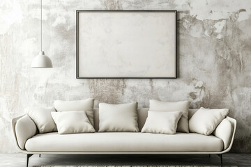 white couch with pillows and a black framed picture on the wall. The couch is the main focus of the image, and the black frame adds a touch of elegance to the room