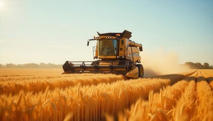 Fototapeta premium Wheat harvesting with combine harvester in bright daylight countryside field agricultural action