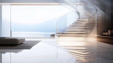 Fototapeta premium A glass helix staircase illuminated by ambient light, casting subtle reflections and shadows on the surrounding surfaces. 