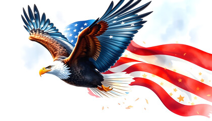Fototapeta premium American focus eagle in flight with American flag watercolor, detailed, with white tones