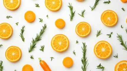 Orange slices carrots and rosemary sprigs arranged on white background