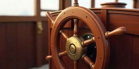 Obraz premium Steering wheel of a vintage ship nautical setting close-up image maritime environment artistic angle adventure theme