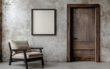A clean, high-resolution shot of a black empty frame mockup against a concrete wall in a modern interior. 