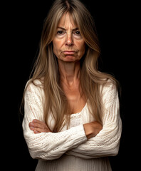 An upset, disappointed or disapproving woman, isolated on black. Older caucasian woman with blonde hair, arms crossed in a defiant, reluctant or angry pose, expressive portrait, pouting, pouty