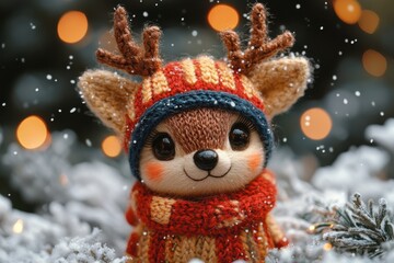 A cute knitted deer wearing a colorful hat and scarf in a snowy setting.