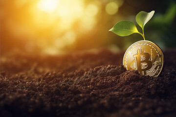 Bitcoin coin growing out of the soil like a plant, with green leaves and a golden glow, symbolizing financial growth and innovation, crypto concept, horizontal