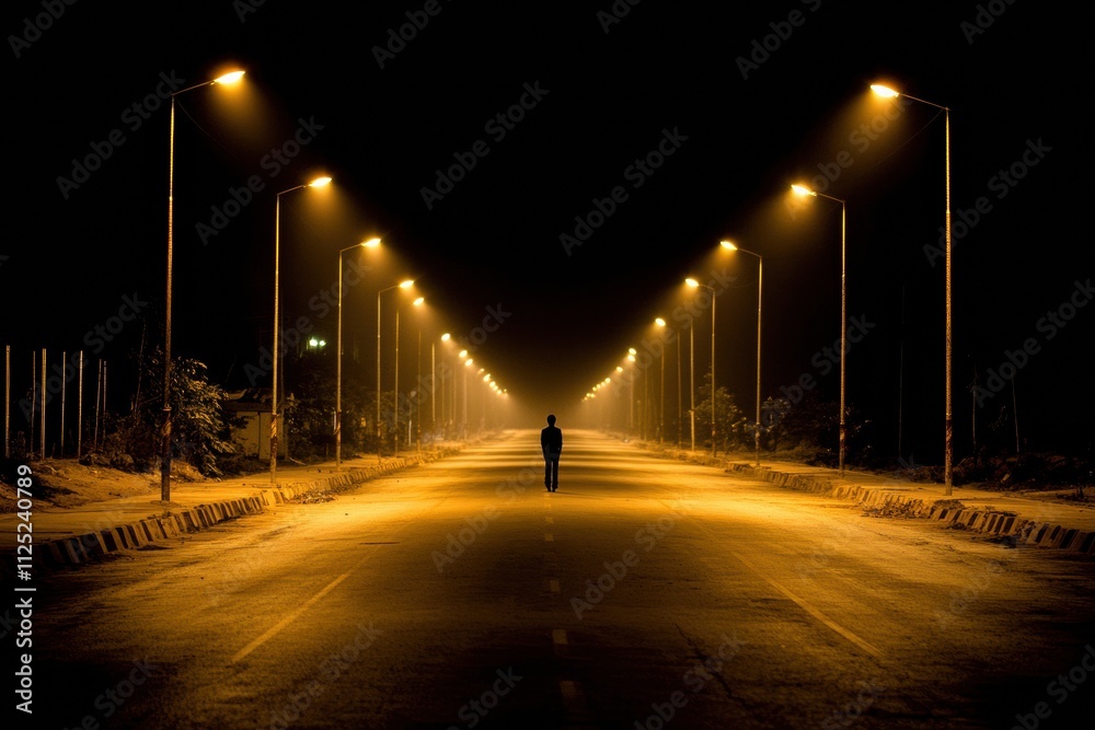 Poster a lone person walks down a deserted street at night, where streetlights create long shadows against 