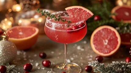 Cranberry gin boozy cocktail with grapefruit and thyme served on winter holidays decorated table, front view