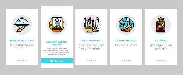 restaurant chef cooking food onboarding mobile vector kitchen cook, man uniform, hotel professional, dish commercial, male gourmet restaurant chef cooking food illustrations