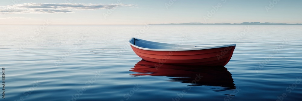 Poster A peaceful setting features a single boat floating on calm water, inviting contemplation with open space for additional text. Generative AI