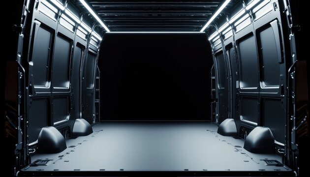 A spacious, dark interior of a van with illuminated edges, emphasizing its empty, modern design and potential for cargo transport.