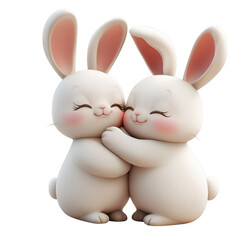 3d icon valentine Two adorable cartoon rabbits hugging each other on transparent background