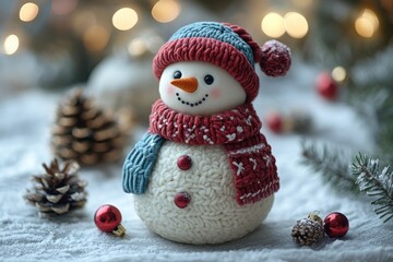 A charming snowman figurine adorned with a colorful scarf and hat, set in a festive atmosphere.