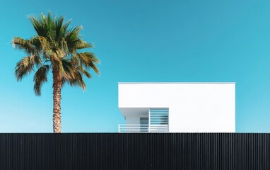 A modern, minimalist architectural house exterior featuring white walls and a black wooden fence. 