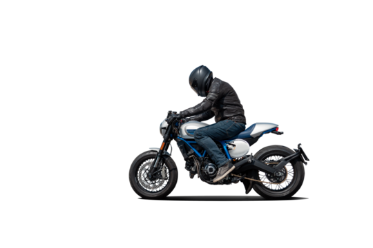 Side view of a motorcycle rider sitting on his bike isolated on white background.