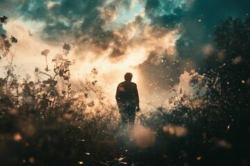 Obraz premium Silhouette walking through ethereal, glowing landscape.