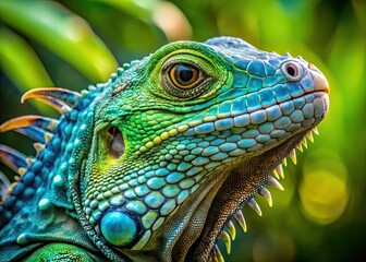 Obraz premium Stunning close-up: a green iguana's vibrant blue scales, showcasing intricate reptilian detail.