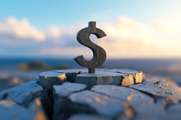 A dollar symbol stands prominently on a cracked surface, symbolizing wealth, stability, and the importance of financial foundations.