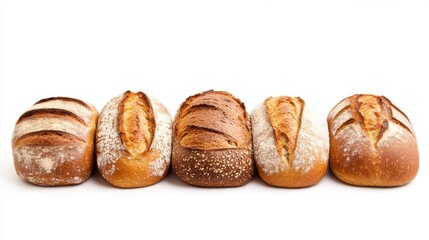 Row of five different types of bread loaves, each with its own unique shape and texture