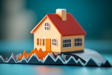 A miniature house model sits atop a graph, symbolizing real estate trends and market analysis.