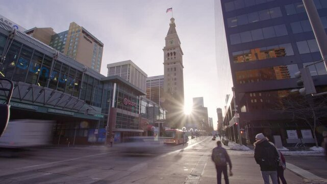 Timelapse of downtown Denver Colorado along 16th Street near sunset