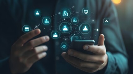 Customer journey concept. Businessman use smartphones with virtual customer journey icons, and journey evaluations to boost satisfaction, encourage repeat business, and drive revenue growth,


