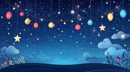 A whimsical night sky with colorful lanterns.