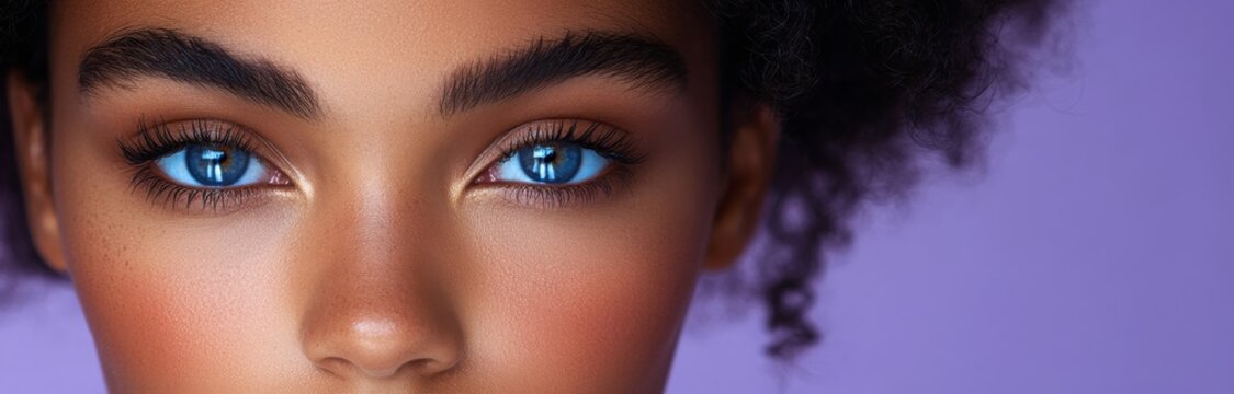 Bener, a woman with bright blue eyes and thick eyebrows on a purple background