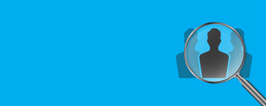 we are hiring or looking best candidate for job, office as internship in magnify glass with men in blue background  