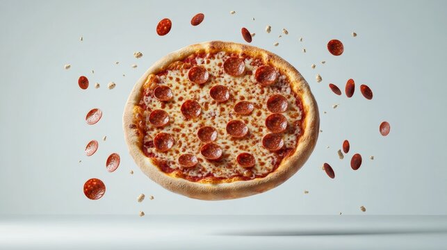 Falling Italian pepperoni pizza on white background.
