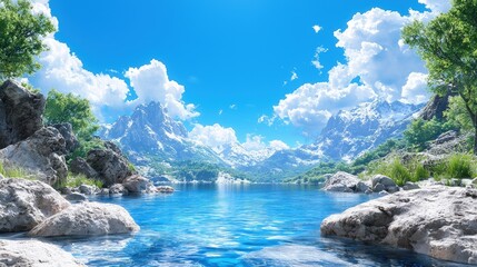 Fototapeta premium Serene mountain lake scene with clear blue water, snow-capped peaks, lush green trees, and fluffy white clouds under a bright sunny sky.