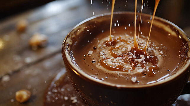 Hot chocolate with a drizzle of caramel and a sprinkle of sea salt.
