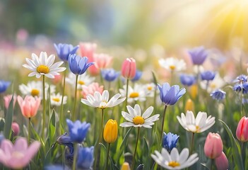 Fototapeta premium Spring landscape with morning on grassland, wild flower in grass on sunrise, nature background, selective focus