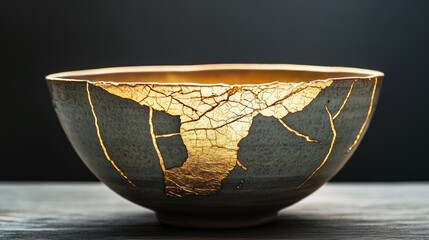 Kintsugi bowl. Gold cracks restoration on old Japanese pottery restored with the antique restoration technique.The unique beauty of imperfections. 