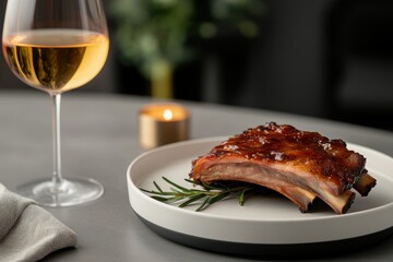 food presentation, barbecue ribs on a chic plate in a modern dining space, ideal for an intimate gathering