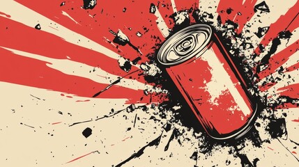Risograph technique illustration of a crumpled can of soda cola drink done in retro riso effect digital screen printing style.