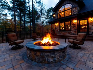 A fire pit sitting on top of a brick patio