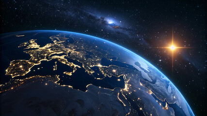 Obraz premium Earth from space, blue glow, sunrise over planet, starry background,