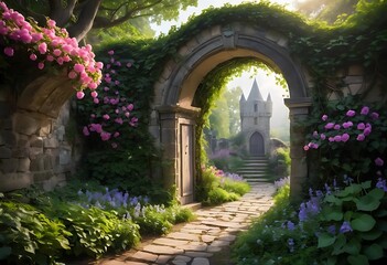 Fototapeta premium a illustration of archway landscape allotment fairy