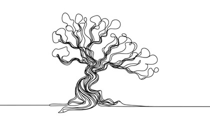 Single continuous line style image of a tree without leaves. black lines on white background